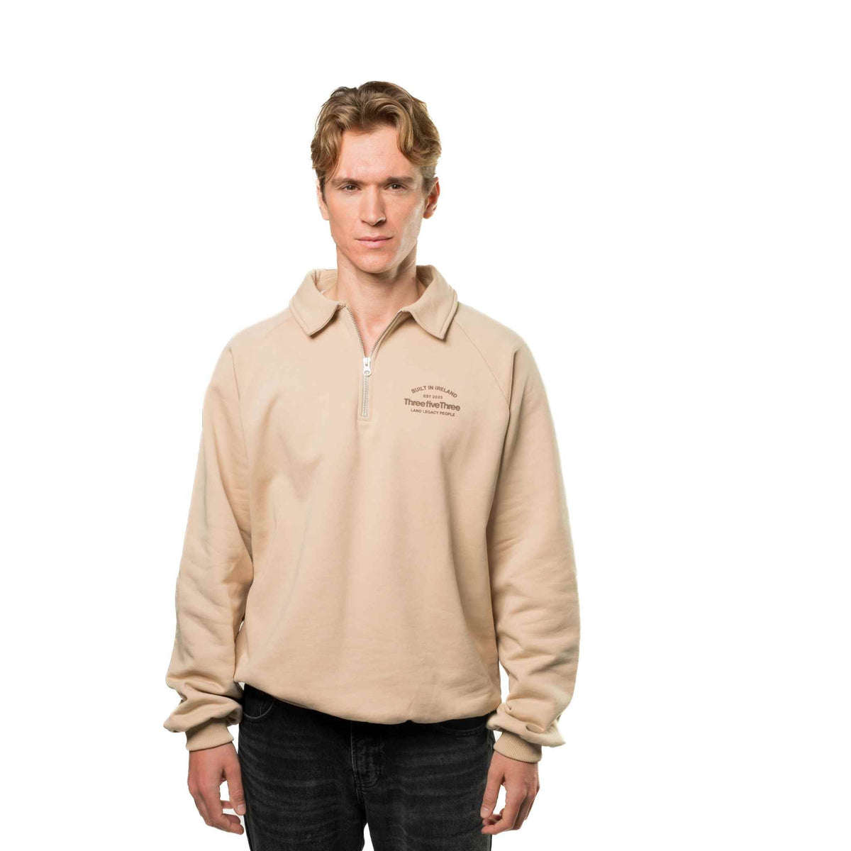 OVERSIZED QUARTER ZIP CREST SWEATSHIRT 300GSM - WHEATEN - ThreefiveThree.com