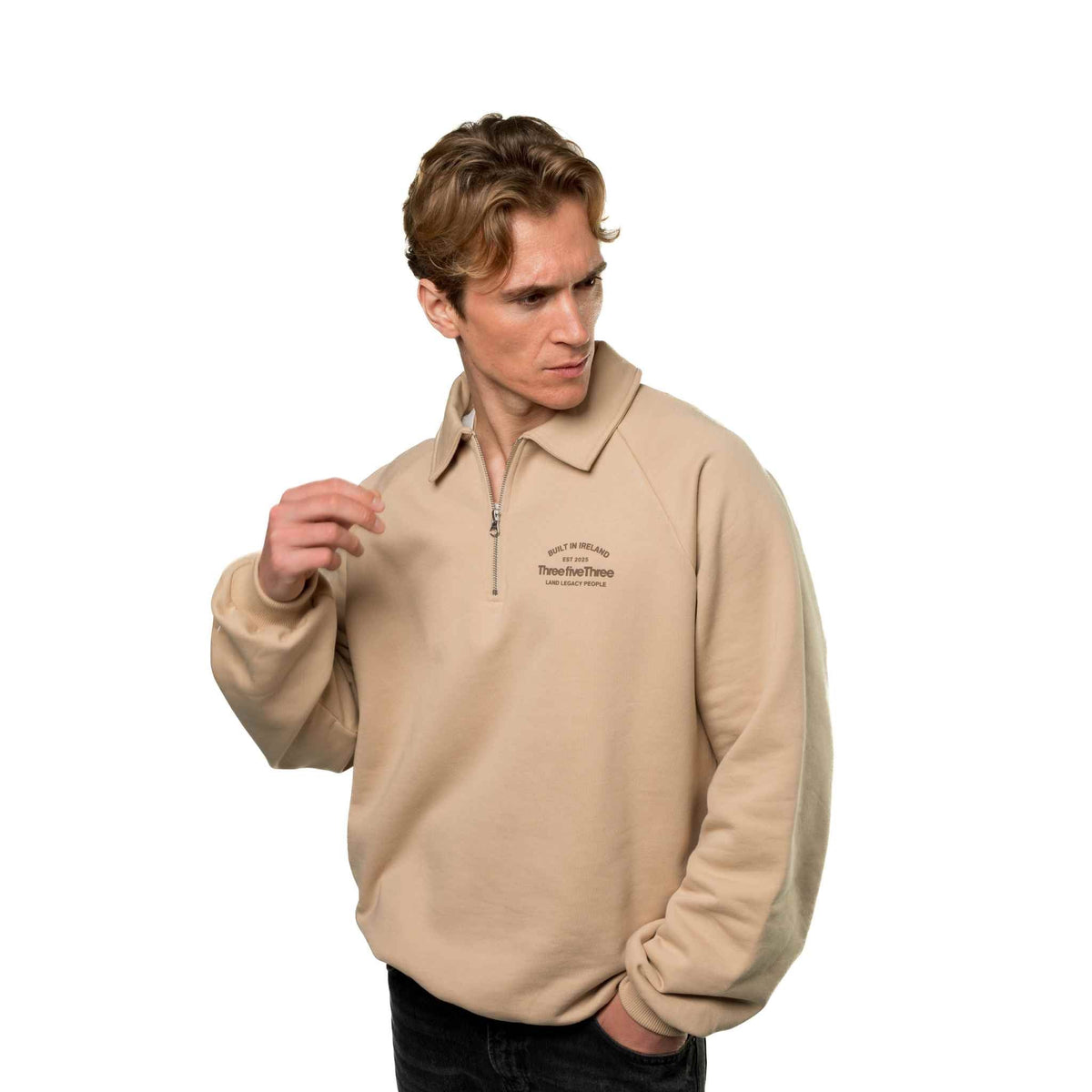 OVERSIZED QUARTER ZIP CREST SWEATSHIRT 300GSM - WHEATEN - ThreefiveThree.com