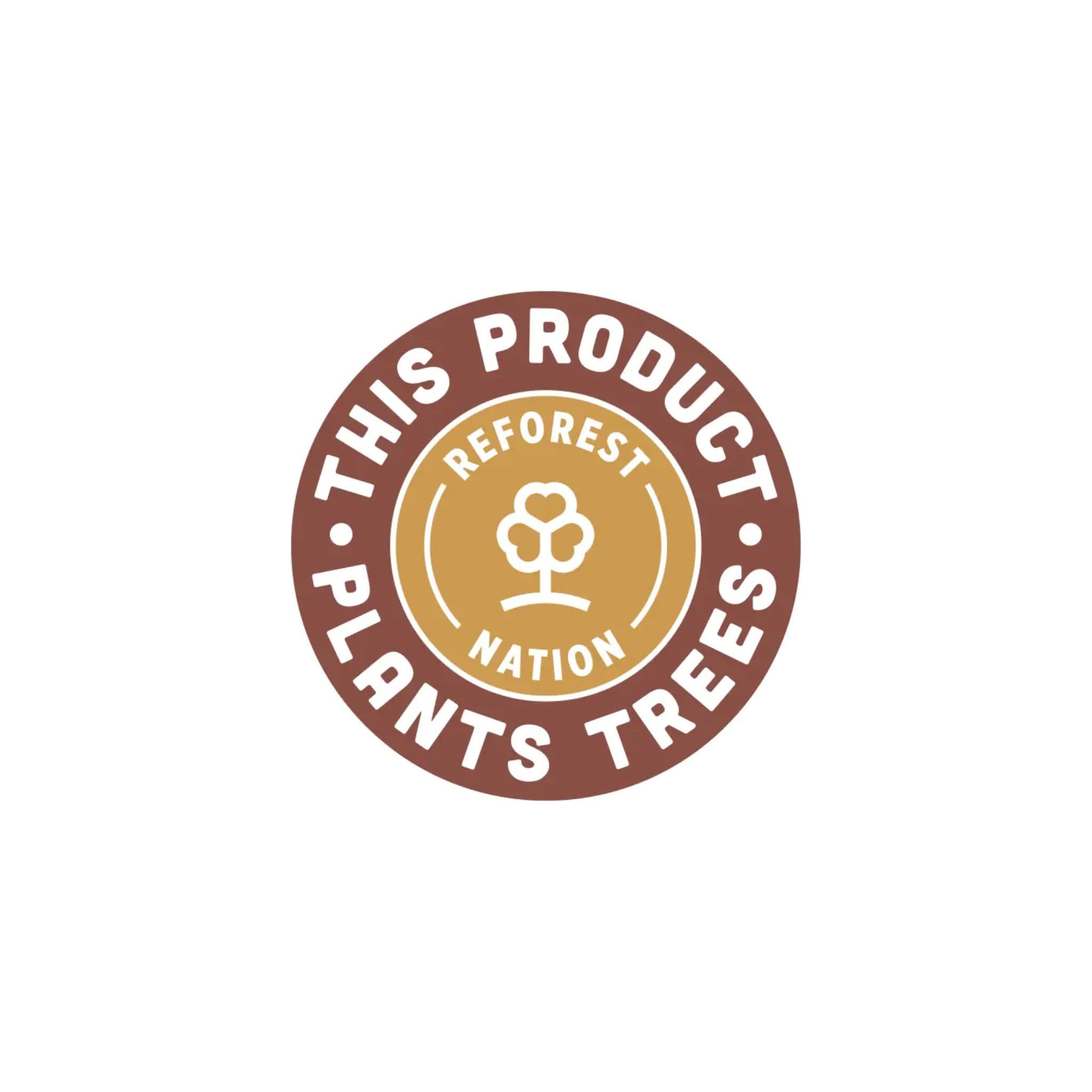 Logo with text 'This product plants trees' and 'Reforest Nation' on a white background